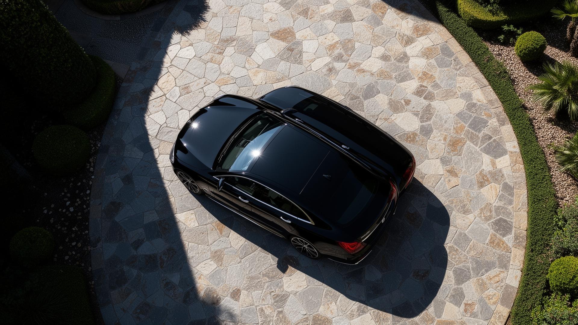 A freshly detailed black vehicle in a driveway